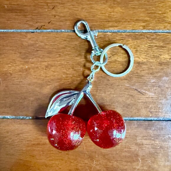 NEW Red Glitter Large Cherries Purse Charm Keychain Silver Toned - Picture 7 of 7